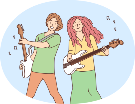 Happy musicians playing on guitars