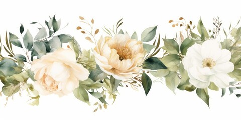 Watercolor seamless border - illustration with green gold leaves, white flowers, rose, peony and branches, for wedding stationary, greetings, wallpapers, fashion, backgrounds, wrappers, Generative AI - obrazy, fototapety, plakaty