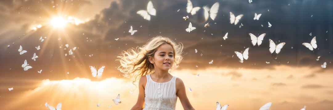 beautiful child female in a white dress on the beach at sunrise among many butterflies