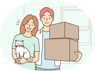 Happy couple with cat on moving day