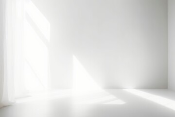 Empty white corner. Abstract studio background for product presentation. 3d room with shadows of window. Minimalistic space concept with blurred, Generative AI