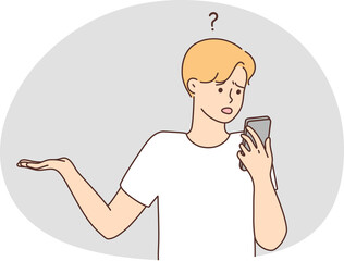 Confused man look at cellphone frustrated by problem