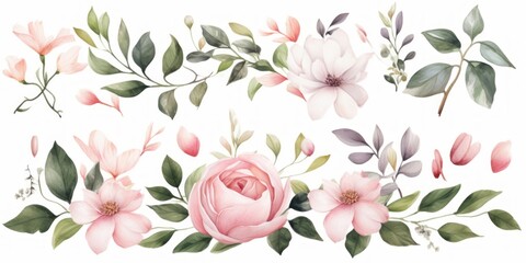 Watercolor floral illustration elements set - green leaves, pink peach blush white flowers, branches. Wedding invitations, greetings, fashion, prints. Eucalyptus, olive, peony, rose, Generative AI - obrazy, fototapety, plakaty