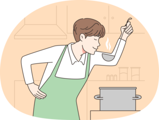 Man cooking soup at kitchen