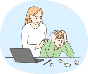 Caring mother comfort upset kid studying