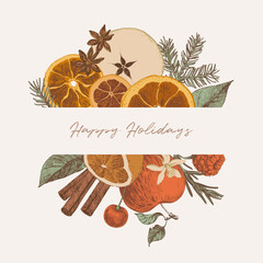 Hand drawn mulled wine ingredients. Happy holidays greetings background. Autumn mood illustration - 676890607