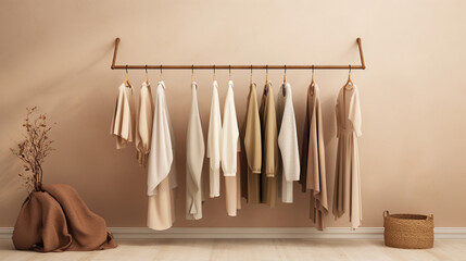 Rack with stylish clothes near beige wall. Generative AI.