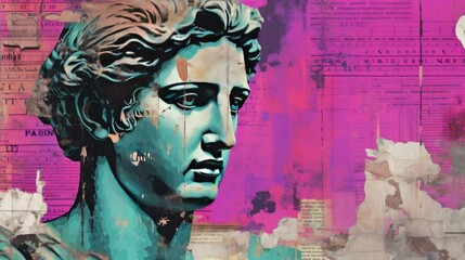 Creative blend of antiquity and modernity: a detailed Greek statue in turquoise and gray, set against a vibrant collage of newspaper texts