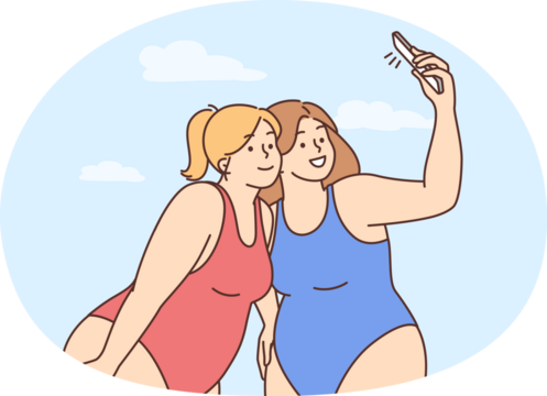 Overweight women in bikinis make selfie