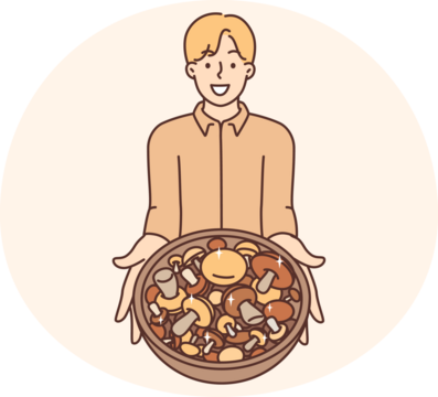 Smiling man hold bowl with mushrooms