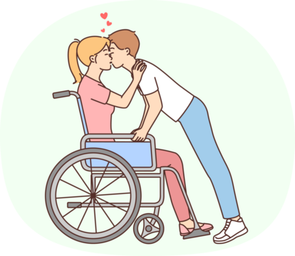 Man kissing disabled woman in wheelchair