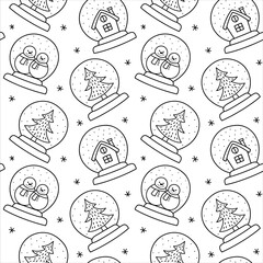 Pattern of glass snow globe, Christmas decorative design. Doodle pattern of Christmas glass snow globes with snowflakes in black and white style