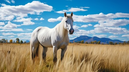 Obraz premium A white horse is grazing in a field of tall grass under a blue sky