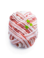 Raw italian bacon wrapped meatloaf isolated on white