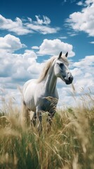 Obraz premium A white horse is grazing in a field of tall grass under a blue sky