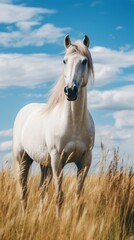 A white horse is grazing in a field of tall grass under a blue sky