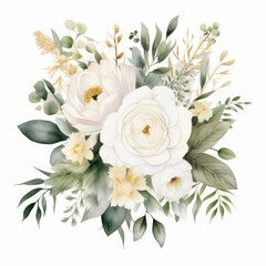 Watercolor floral illustration bouquet - white flowers, rose, peony, green and gold leaf branches collection. Wedding stationary, greetings, wallpapers, fashion, background. Eucalyptus, Generative AI