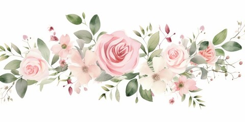 Watercolor floral illustration bouquet set - green leaves, pink peach blush white flowers branches. Wedding invitations, greetings, wallpapers, fashion, prints. Eucalyptus, olive, peony, Generative AI