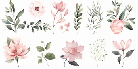 Fotobehang Watercolor floral illustration elements set - green leaves, pink peach blush white flowers, branches. Wedding invitations, greetings, wallpapers, fashion, prints. Eucalyptus, olive,peony,Generative AI © Visual Vortex