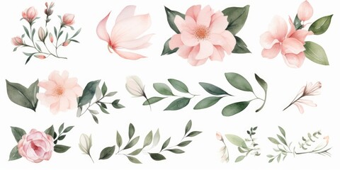 Watercolor floral illustration elements set - green leaves, pink peach blush white flowers, branches. Wedding invitations, greetings, wallpapers, fashion, prints. Eucalyptus, olive,peony,Generative AI