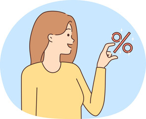 Smiling woman hold percentage symbol