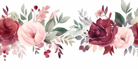 Watercolor floral seamless border green leaves, burgundy maroon pink peach blush white flowers leaf branches. Wedding invitations, greetings wallpapers, fashion, prints. Eucalyptus, rose,Generative AI - obrazy, fototapety, plakaty