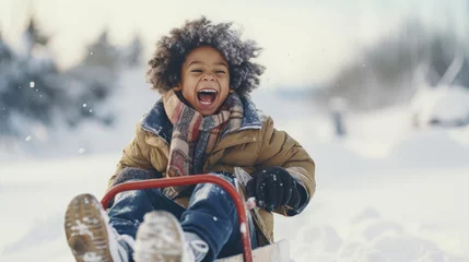 Fotobehang Funny little dark-skinned child rides on a sleigh in the snow. Active sports games in winter. Happy winter holidays concept. © inna717
