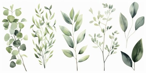 Watercolour floral illustration set. Green leaves, green branches collection, eucalyptus, olive. For wedding invitations, anniversary, birthday, prints, Generative AI