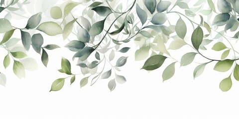 Watercolor seamless border - illustration with green leaves and branches, for wedding stationary, greetings, wallpapers, fashion, backgrounds, textures, DIY, wrappers, Generative AI - obrazy, fototapety, plakaty