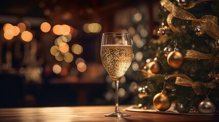 New Year's Eve with champagne.glass of champagne on the table - obrazy, fototapety, plakaty