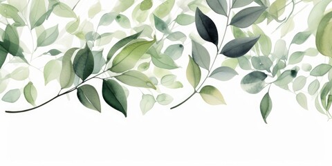 Watercolor seamless border - illustration with green leaves and branches, for wedding stationary, greetings, wallpapers, fashion, backgrounds, textures, DIY, wrappers, Generative AI