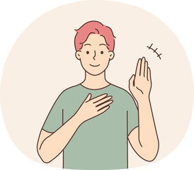 Smiling man communicate with sign language
