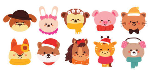 set of hand drawing cartoon animals sticker set. cute animal drawing for winter sticker, icon, winter collection