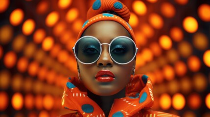 Modern girl with bright pink hair poses in yellow sunglasses and yellow suit in mixed color light with digital holograms. Virtual reality, digital technologies.