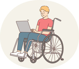 Smiling man in wheelchair work on computer