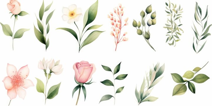 Watercolour floral illustration set. DIY flower, green leaves elements collection - for bouquets, wreaths, arrangements, wedding invitations, anniversary, birthday, postcards, greetings, Generative AI