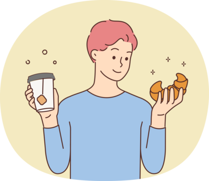 Smiling man with takeaway croissant and tea