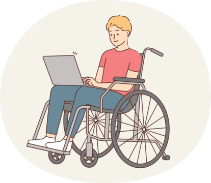 Smiling man in wheelchair work on computer