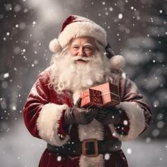 Half-length portrait of a traditional Santa Claus holding gifts outdoors in the winter forest and smiling