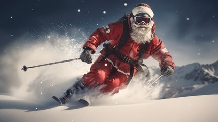 Full length shot of Santa Claus skiing on the mountain. Christmas and winter holidays.