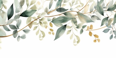 Fototapeta na wymiar Watercolor seamless border - illustration with green gold leaves and branches, for wedding stationary, greetings, wallpapers, fashion, backgrounds, textures, DIY, wrappers, Generative AI