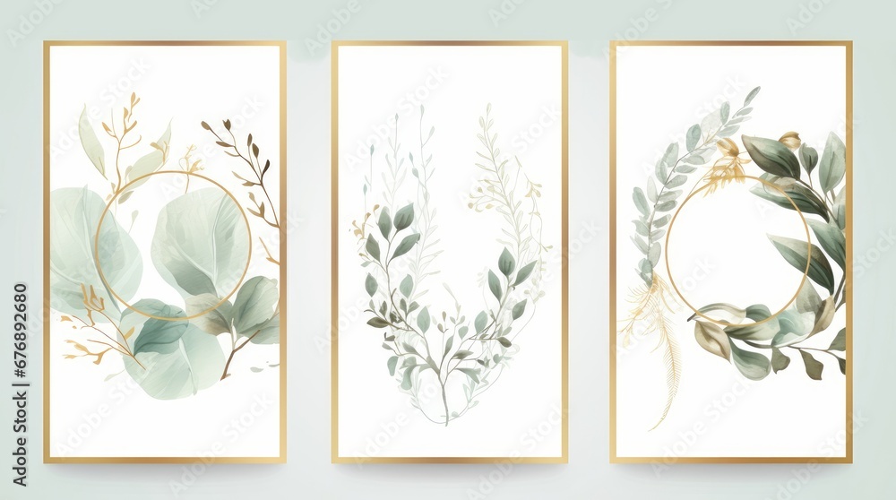 Wall mural Pre made templates collection, frame - cards with gold and green leaf branches. Wedding ornament concept. Floral poster, invite. Decorative greeting card, invitation design, birthday, Generative AI