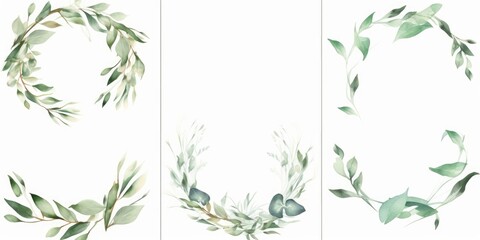 Pre made templates collection, frame, wreath - cards with green leaf branches. Wedding ornament concept. Floral poster, invite. Decorative greeting card, invitation design, birthday, Generative AI