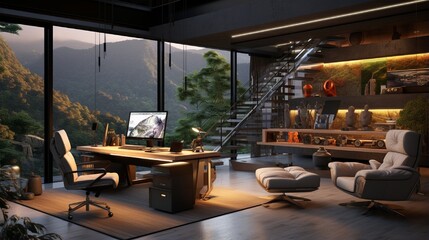 Fototapeta premium a 3D rendering of a high-tech home office with a wall-sized interactive display and ergonomic furniture.