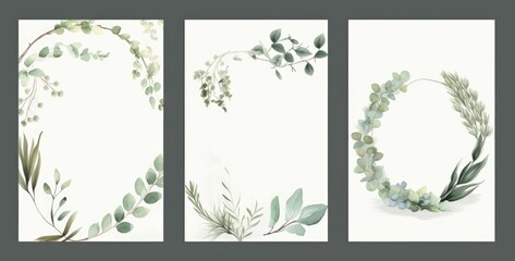 Fototapeta na wymiar Pre made templates collection, frame, wreath - cards with green leaf branches. Wedding ornament concept. Floral poster, invite. Decorative greeting card, invitation design, birthday, Generative AI