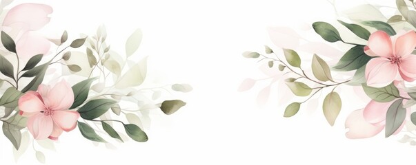 Watercolor floral border banner frame with green leaves, pink peach blush white flowers, branches. For wedding invitations, greetings, wallpapers, fashion, prints. Eucalyptus, olive,rose,Generative AI