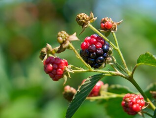 Closeup of raw blackberries on the wild tree with green leaves - obrazy, fototapety, plakaty