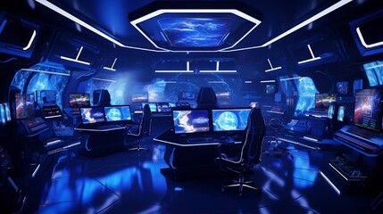 a 3D rendering of a high-tech gaming room with virtual reality equipment and immersive gaming setups.