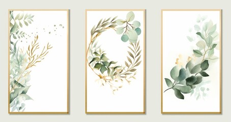 Pre made templates collection, frame - cards with gold and green leaf branches. Wedding ornament concept. Floral poster, invite. Decorative greeting card, invitation design, birthday, Generative AI