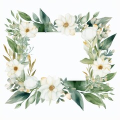 Watercolor floral illustration - white flowers, green and gold leaf frame - border, for wedding stationary, greetings, wallpapers, fashion, background. Eucalyptus, olive, green leaves, Generative AI